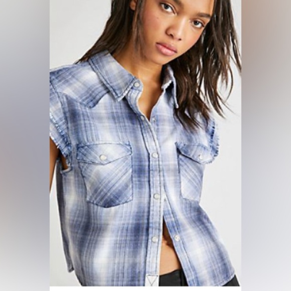Free People Blue Plaid Sleeveless Top